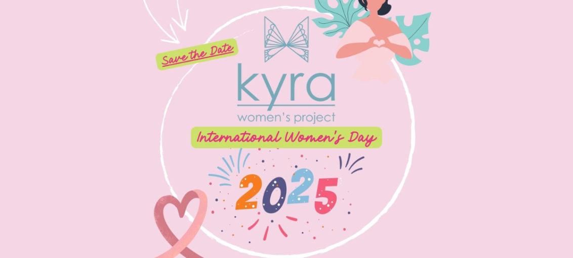 A logo for international womens day hosted by Kyra women's project. It has a pink background and features a cartoon woman in the top right, and a doodle heart on the bottom left.