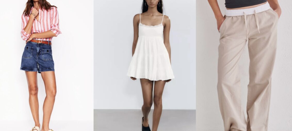 An image showing a woman wearing a red and white striped shirt tucked into a pair of dark denim shorts and cream sandals, a woman wearining a white a line mini dress and black heeled mules and a pair of oatmel straight leg linen trousers and tan mules