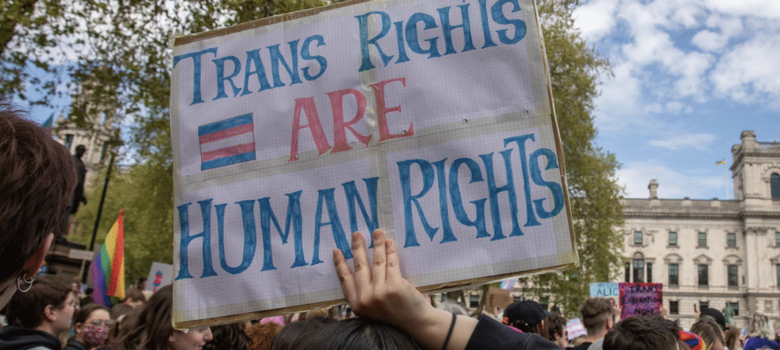 A White banner with trans rights are human rights written on it. Held up at a march