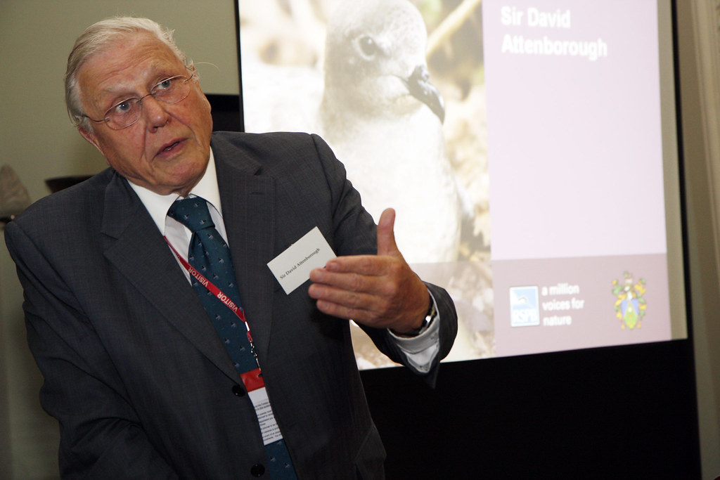 Sir David Attenbrough speaking at a wildlife conservation conference 