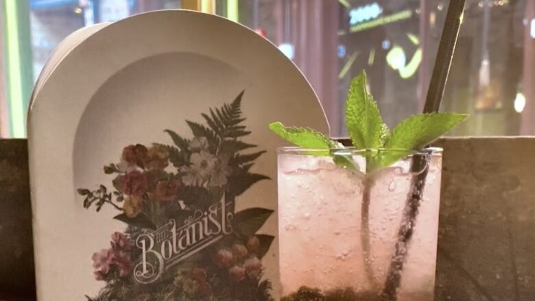 Botanist menu and strawberry shrub drink with mint leaves poking out of the top