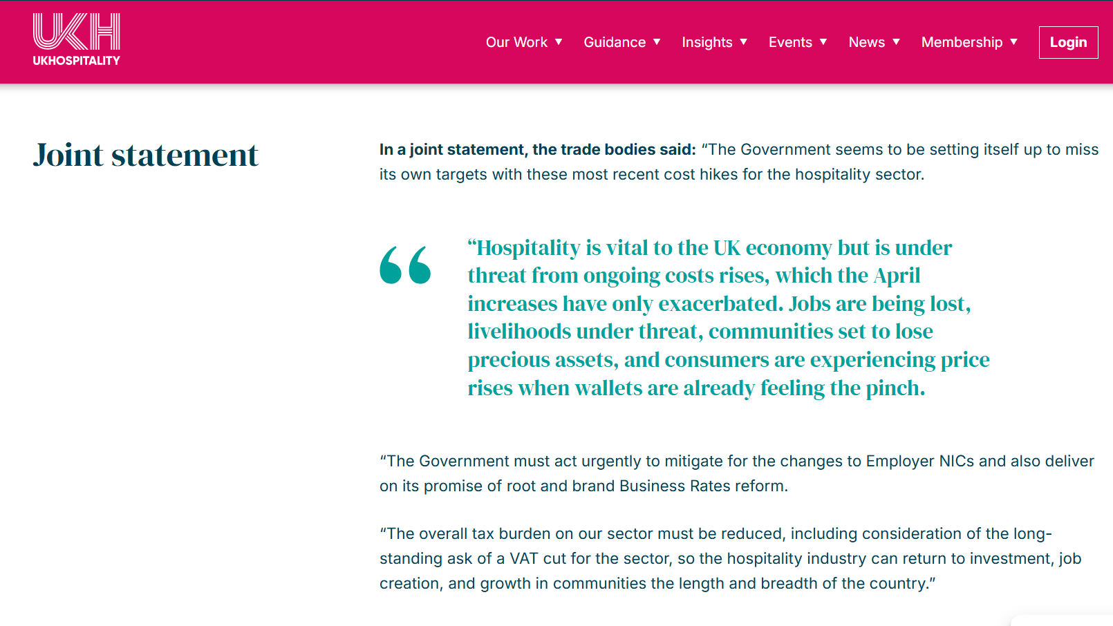 Screenshot showing quote explaining that Hospitality is vital to the UK economy, yet it is under threat which is affecting entire communities as well as workers.