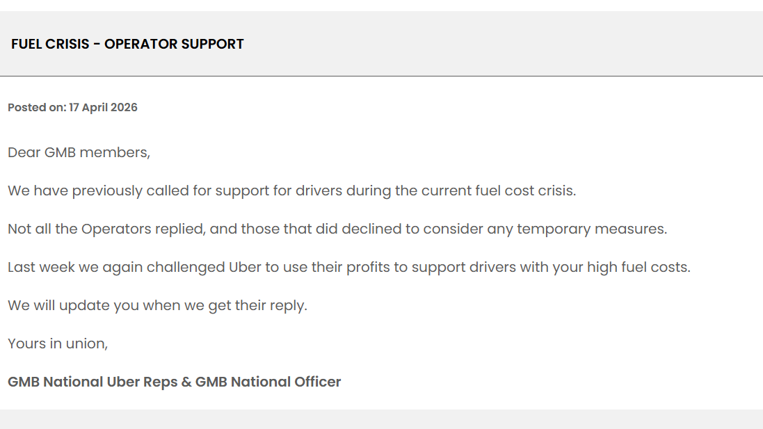 Screenshot of message from GMB Union to Uber drivers